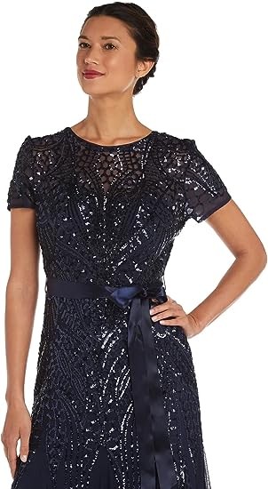 R&M Richards Women's One Piece Short Sleeve Embelished Sequins Gown
