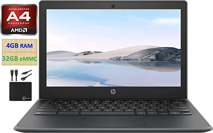 2022 *New HP Chromebook Laptop Student Business, 11.6" HD Display, AMD A4-9120C Processor (Up to 2.4GHz), 4GB RAM, 32GB eMMC, HD Webcam, WiFi 5, Bluetooth, Long Battery Life, Chrome OS+ MarxsolCables